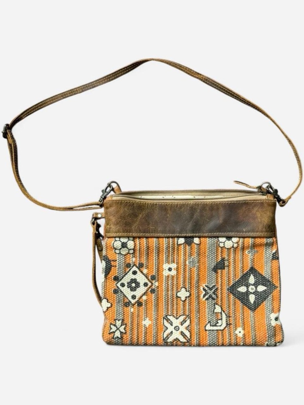 Myra Bag | Orange and Gray Striped | Leather Accent and Strap